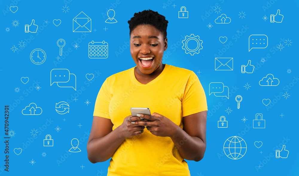 Poster black woman using smartphone over blue background with diverse user interface icons