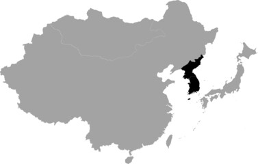 Black Map of Korean peninsula countries inside the gray map of East region of Asia