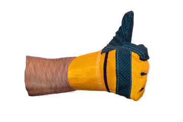 Approving gesture. Thumbs up. Man's hand in construction glove shows that everything is fine....