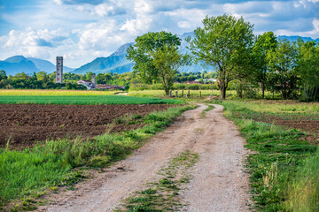 Fototapeta na wymiar Hills and fields of Friuli in Spring. Cassacco