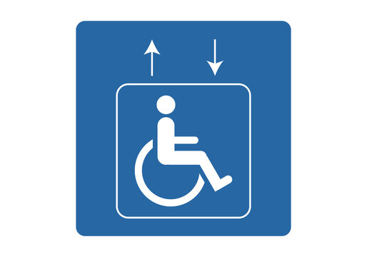 Icono azul de silla de ruedas con ascensor. 