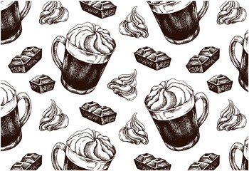 Sketch hand drawn pattern of hot chocolate with whipped cream isolated in white background. Line art drawing winter drink wallpaper. Engraving hot cocoa, piece of chocolate. Xmas vector illustration. - 470942516