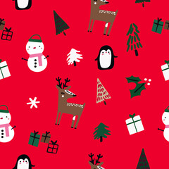 Christmas figures seamless pattern on red background. Christmas trees, snowman, cute reindeer, penguin, gifts, snowflake.