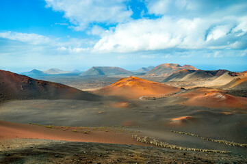 Volcanic landscape in Timanfaya National Park on Lanzarote, Canary Islands, Spain. Dramatic views...