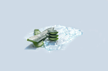 Many slices of aloe vera in texture of a cosmetic serum, gel close-up...
