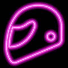 Neon pink outline of a motorcycle helmet on a black background. The concept of extreme sport, competition, protection
