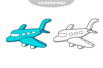 Simple coloring page. Vector black and white plane isolated on white background. Cute transport illustration. Color and black and white version