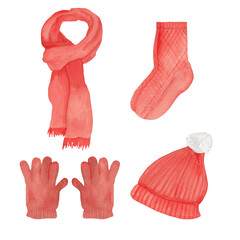 Watercolor red clothes set isolated on white background, Cute winter holiday fashion elements, great for card making, scrapbooking, party invitations