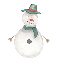 Watercolor snowman illustration isolated on white background. Merry Christmas, hand painted clipart for card making, scrapbooking, diy party invitation, watercolor clipart. New Year