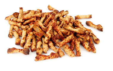 Group of crunchy knobbly twig shaped wheat savoury snacks with a yeast flavour coating