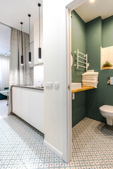 Minimalistic elegant design of bathroom in wormwood green color, installation, white bath. Wall paint for wet room using