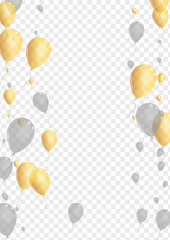 Golden Helium Background Transparent Vector. Toy Graphic Background. Gold Sphere Air. Confetti Celebration Card.