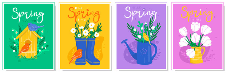 Hand-drawn collection of spring cards with flowers and birds. Colorful vector illustration. © sasha_astra