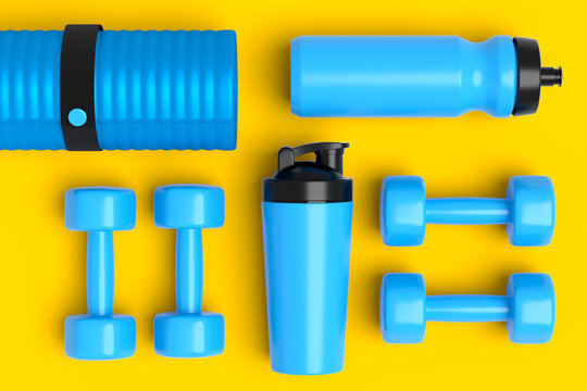 Isometric view of sport equipment like yoga mat, water bottle and dumbbell