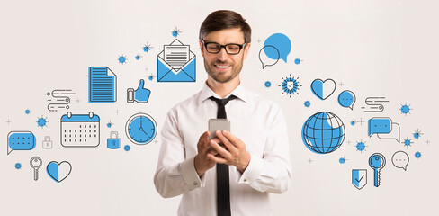 Technologies For Business Communication. Businessman Using Smartphone Over White Background With Icons