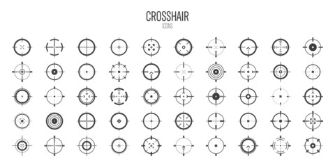 Crosshair, gun sight vector icons. Bullseye, black target or aim symbol. Military rifle scope, shooting mark sign. Targeting, aiming for a shot. Archery, hunting and sports shooting. Game UI element. - obrazy, fototapety, plakaty