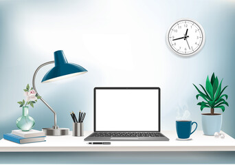 Co-working office interior with mock-up laptop, coffee cup, stationery, plants on a computer table.  Font view workspace vector editable illustration.