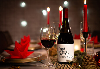 Customizable Red Wine Bottle on a Christmas Table