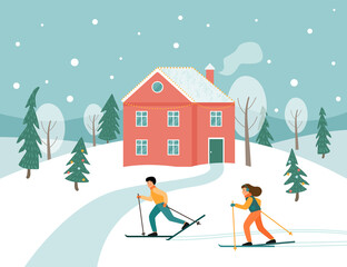 Man and woman are skiing in the natural park. Winter sport. Snowy landscape with a red house, trees and a Christmas tree. 