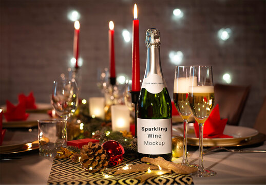 Customizable Champagne Bottle on a Christmas Table