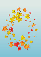 Autumnal Leaves Background Blue Vector. Plant Pattern Template. Golden Isolated Floral. Bright Foliage Design.