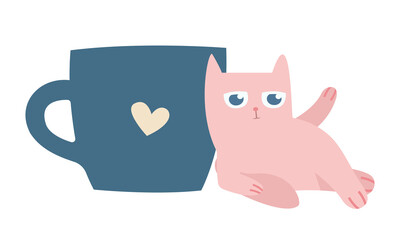Pink cat lies with huge cup. Funny character in doodle flat style