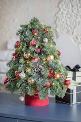 Small beautiful Christmas tree made of fresh Nobilis spruce, decorated red balls and pine cones, on dark table. Happy mood. Danish pine and fir, Nobilis.