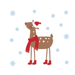 A cute deer in a red scarf stands under the snow. Little fawn and snowfall. Merry christmas. 