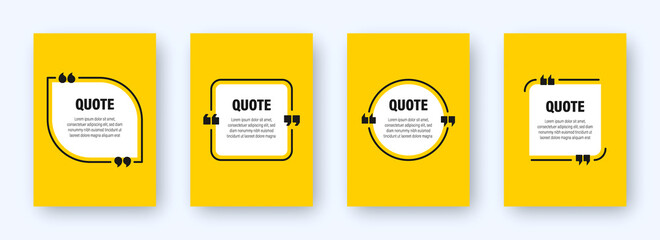 Set of modern yellow banners with quote frames. Speech bubbles with quotation marks. Blank text box and quotes. Blog post template. Vector illustration.