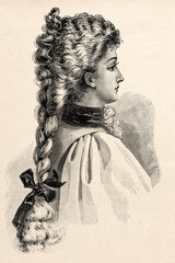 Young women long beautiful hair. Vintage fashion engraving