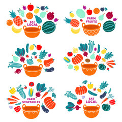 Cartoon vector stylized bright vegetables and fruits set