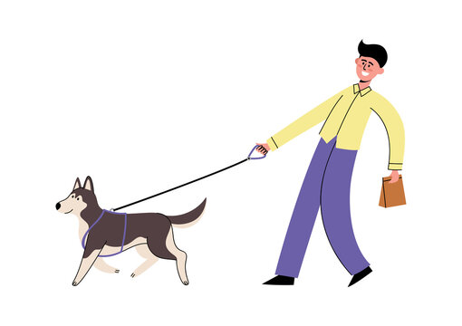 Vector illustration of man walking with his dog.