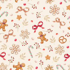 Fototapeta na wymiar Christmas pattern with sweets and bows, watercolor illustration