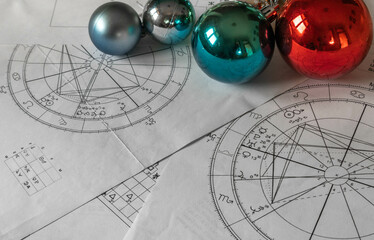 Astrological natal charts with Christmas balls in the background