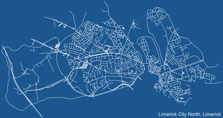 Detailed technical drawing navigation urban street roads map on blue background of the district Limerick City North Electoral Area of the Irish regional capital city of Limerick City, Ireland