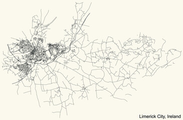 Detailed navigation urban street roads map on vintage beige background of the Irish regional capital city of Limerick City, Ireland