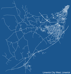 Detailed technical drawing navigation urban street roads map on blue background of the district Limerick City West Electoral Area of the Irish regional capital city of Limerick City, Ireland