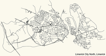 Detailed navigation urban street roads map on vintage beige background of the district Limerick City North Electoral Area of the Irish regional capital city of Limerick City, Ireland