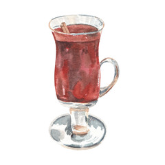 Watercolor mulled wine isolated on white background. Mery Christmas hot drink, hand painted clipart for card making, scrapbooking, diy party invitations. Winter holiday beverage.  