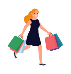 Smiling woman walking from big sale. Blonde girl carrying shopping bags