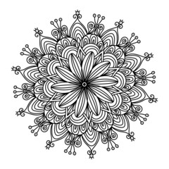 Vector doodle style mandala, black outline flower. Isolated on white background. Hand-drawn art for adult anti stress coloring books and pattern designs.