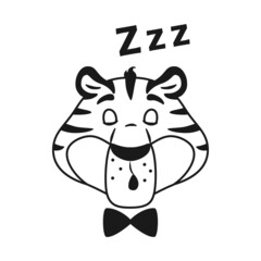 Black and white outline napping cute tiger head isolated on white background. Adorable funny sleeping cartoon striped line character face sketch. Coloring page for children vector illustration.