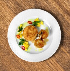 Tasty hot meatballs on a desk, food concept