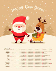 Vector calendar 2022 year. Week starts from Sunday