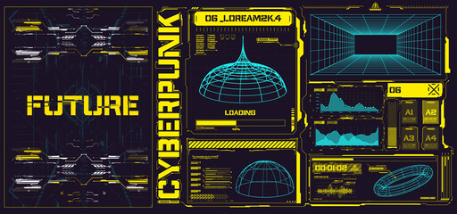 Cyberpunk retro futuristic poster set abstract cosmic shapes. Digital design elements hud style. Trendy 2022 shapes in cyberpunk style. Bar labels,info box bars. Futuristic info boxes layout templates © ZinetroN