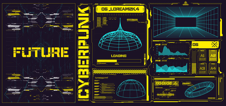 Cyberpunk retro futuristic poster set abstract cosmic shapes. Digital design elements hud style. Trendy 2022 shapes in cyberpunk style. Bar labels,info box bars. Futuristic info boxes layout templates