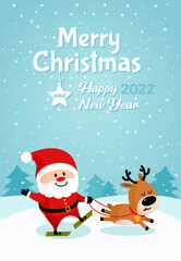 Santa Claus and deer skiing