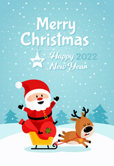 Santa Claus with deer on sleigh with bag of gifts