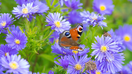 peacock butterfly on violet asters