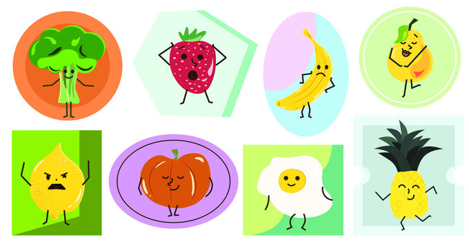 Image a set of stickers of different vegetables and food with emotions eight pieces on substrates